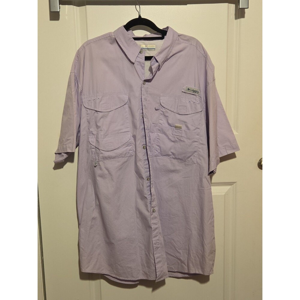 Columbia Mens Large Fishing Shirt Lavender Purple Vented Mesh Utility Pockets L